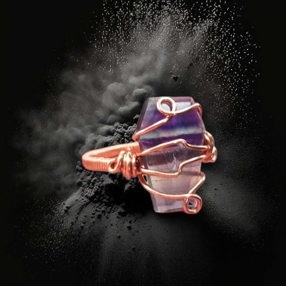 Artisan Copper Wire Wrap Fluorite Coffin Ring